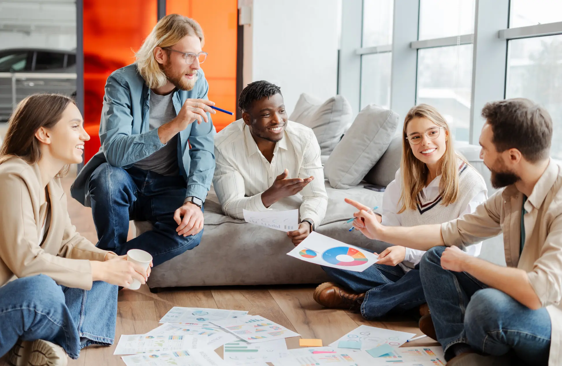 Diverse team brainstorming and discussing